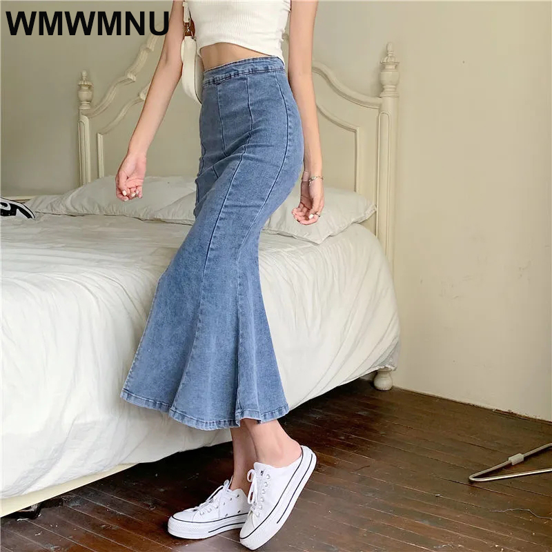 Sexy Vintage Splited Fork Hip-wrap Long Denim Trumpet Skirts Women's Summer Elegant  High Waist Stretch Mermaid Skirt