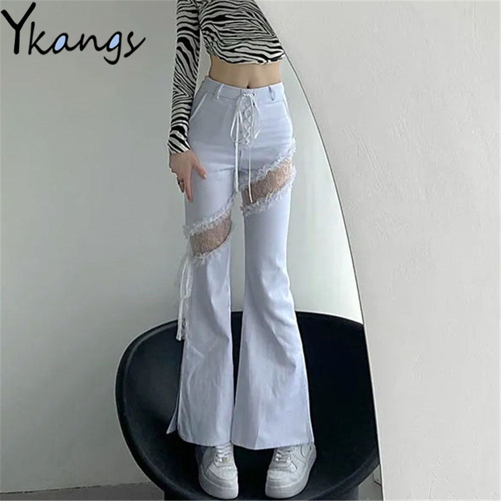 Y2k Lace Stitching Hollow Out Side Slit Bandage High Waist Flared Jeans Slim Gothic Punk Streetwear Denim Pants Harajuku Trouser