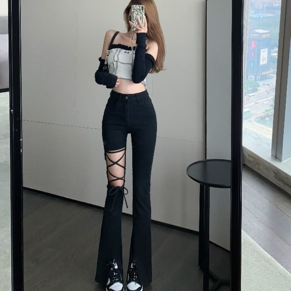Flared Pants for Women Leggings Skinny Ripped Sexy Vintage Denim Women's Summer Trousers Bell Bottom Jeans Woman Black Trend 