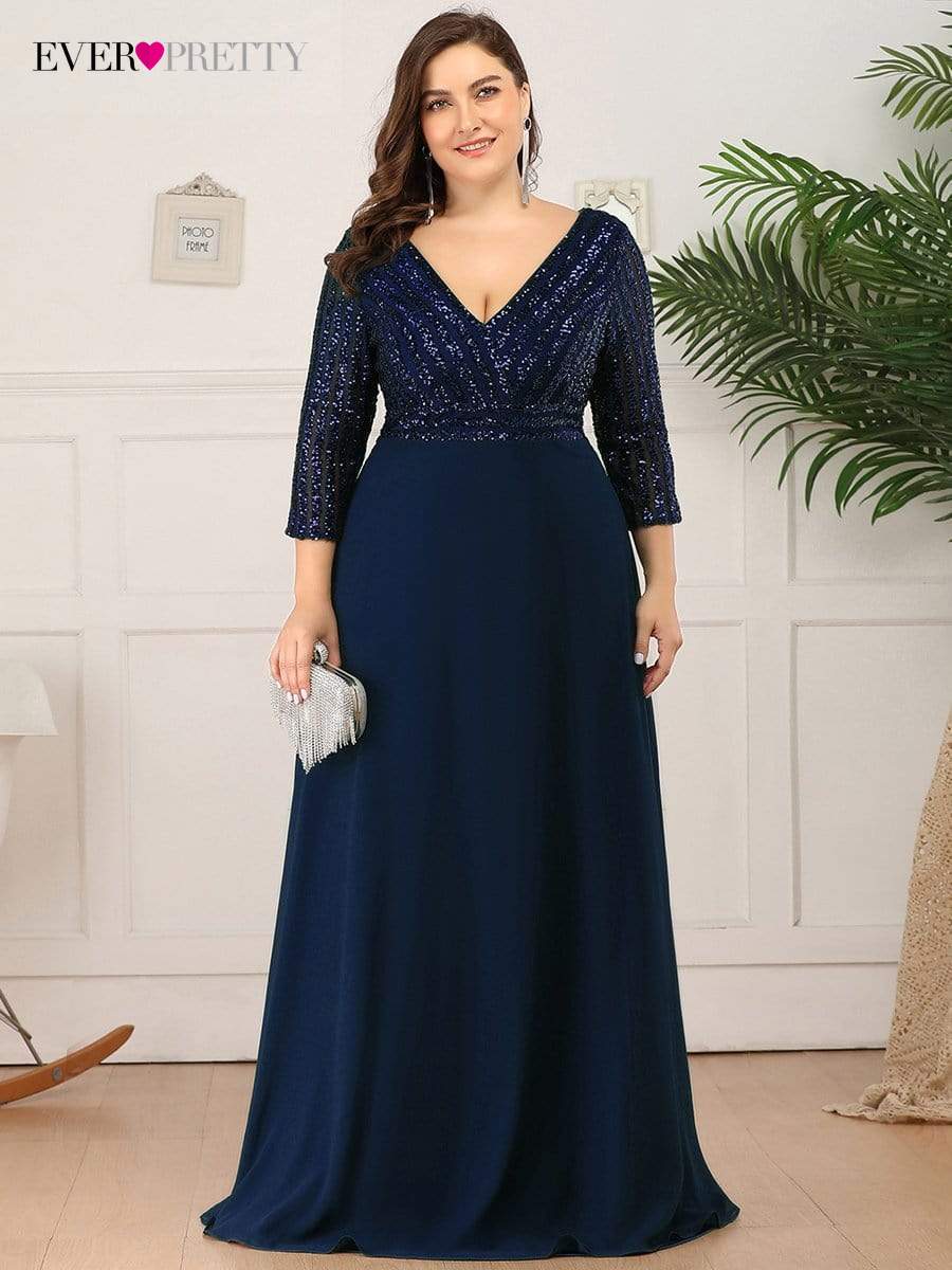 Plus Size Elegant Evening Dresses Long A-LINE V-Neck Wrist Sleeve Floor-Length Gown  Ever Pretty of Sequine Prom Women Dress