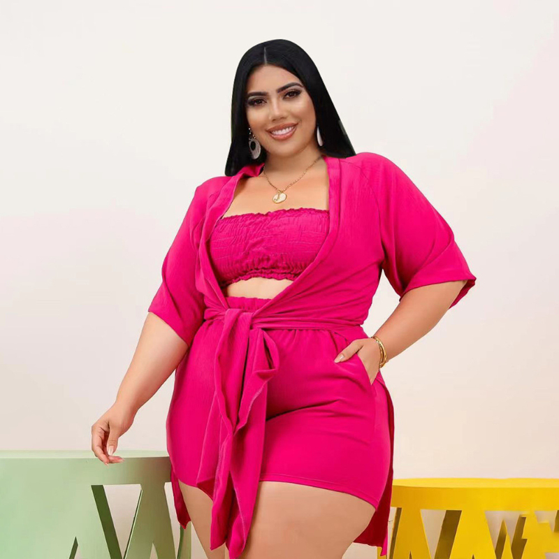 Plus Size Women Clothing Three Piece Set Sexy Wrap Crop Top Casual Lace Up Loose Coat Elastic Shorts Suit Ensemble Femme 5xl