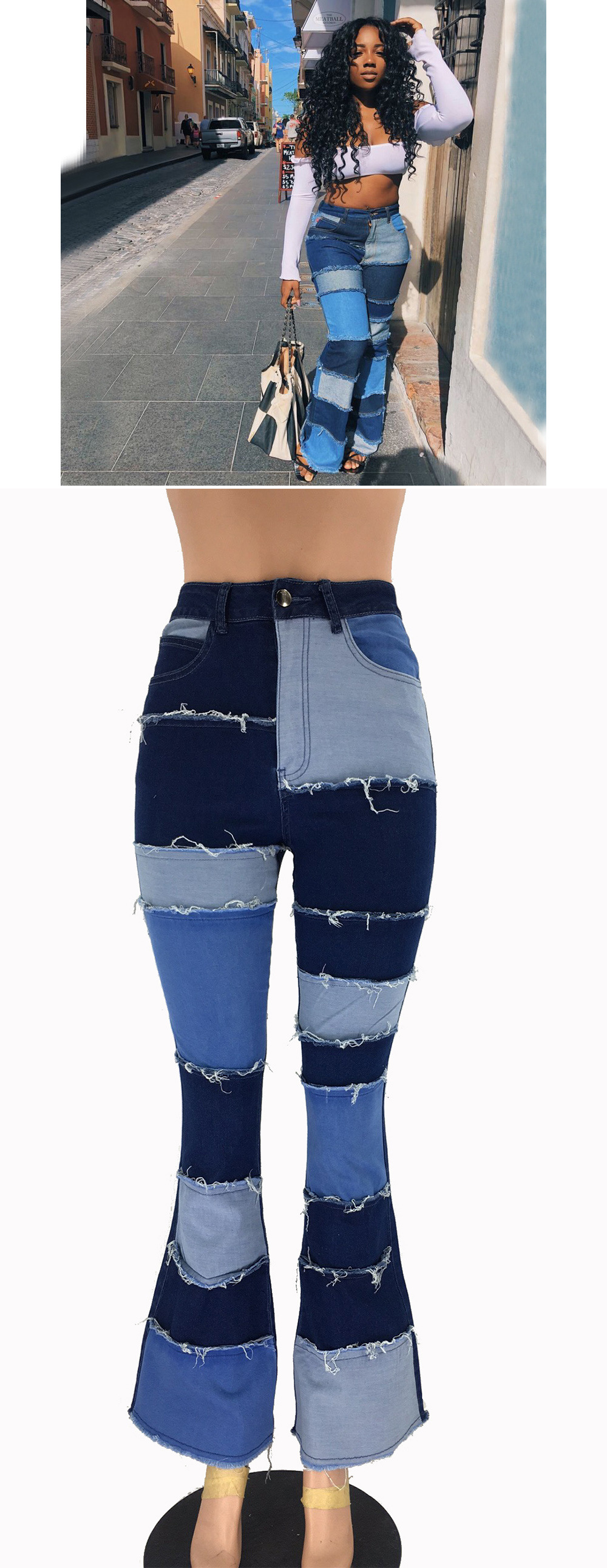 Women's Autumn And Winter Jeans  Patchwork Flare Pants Sexy High Waist Tight Hip Pants