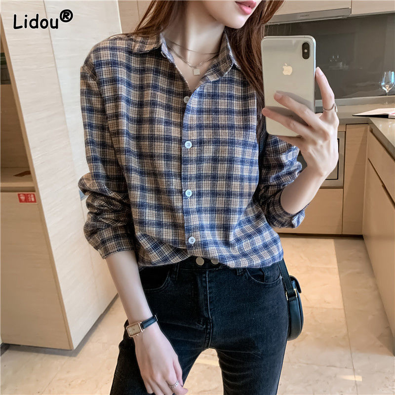 Women Shirt Thin Cotton Single Breasted Slim Office Lady Polo-neck Women's Clothing Long Sleeve Button Plaid Spring Autumn Trend