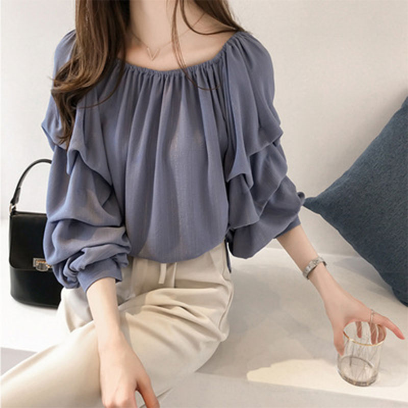 Spring   Pile Up Sleeves Loose Blouses Solid Color Sweet Female Elastic Round Neck Casual Shirt Women's Clothing