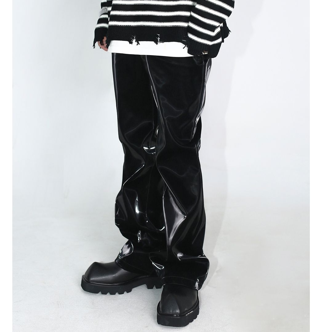  Unisex Metal Liquid Faux Leather Pants For Women & Men Loose Fit Motorcycle Stylish Straight Party/Bar Leather Trousers