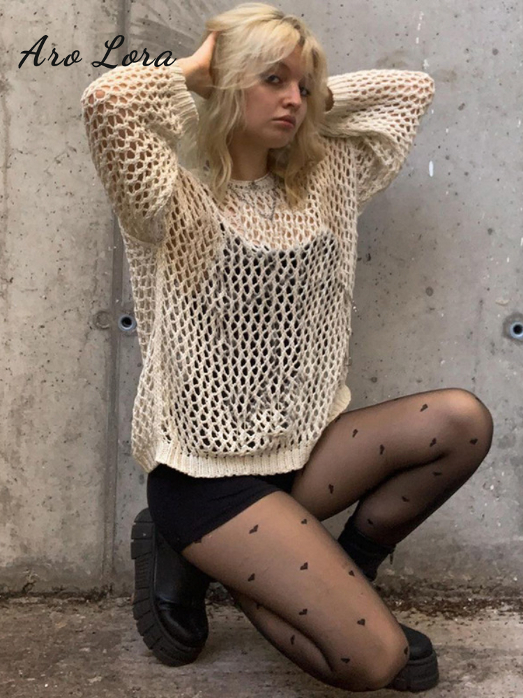 Aro Lora Y2K Harajuku Hollow Out Knit Pullovers Crewneck Autumn Vintage Fairycore Grunge Top  Retro Smock Sweater