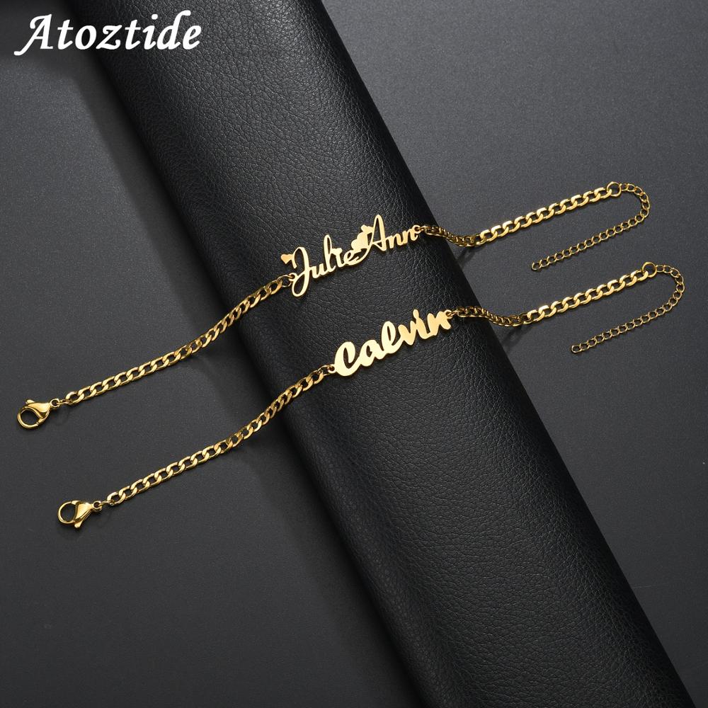 Atoztide Custom Personalized  Name Bracelet  Stainless Steel Charms Handmade Cuban Chain Engraved Handwriting NK Bangle Gift