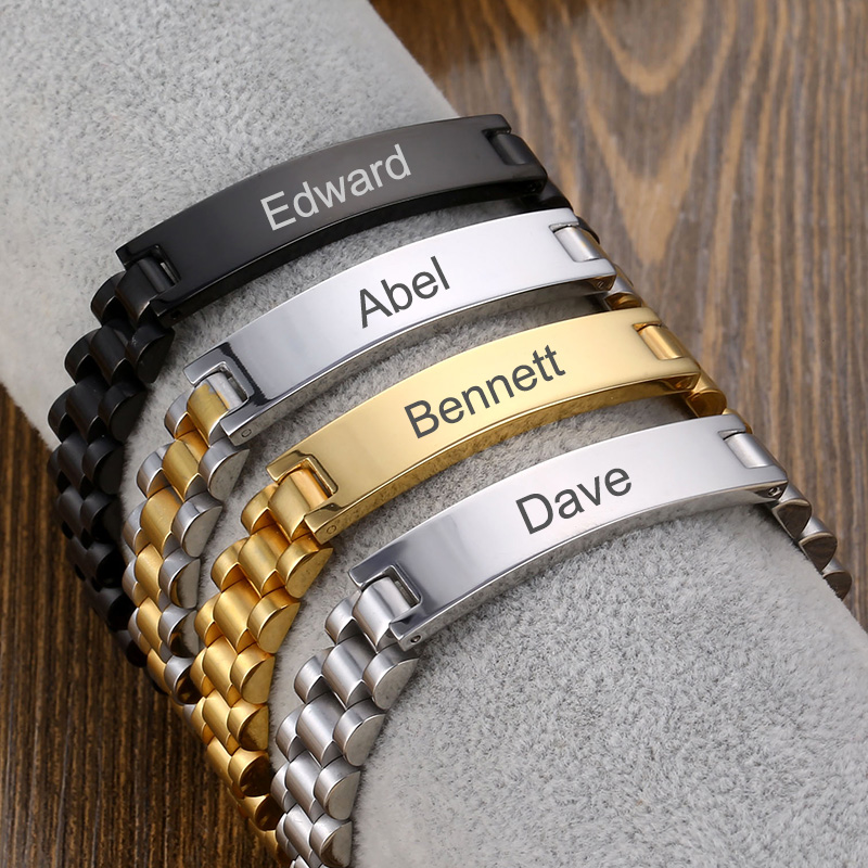 Personalized Engraved Name Bracelet Men Custom Name Letter ID Bracelets Gold Stainless Steel Link Chain ID Bracelets Man Jewelry