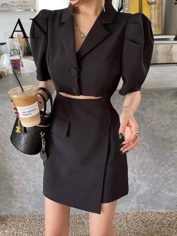 Suit SkirtSet Women  Summer  Bubble Short Sleeve Loose Temperament Suit Skirt Set  Blazer and Skirt Set  Skirt Set
