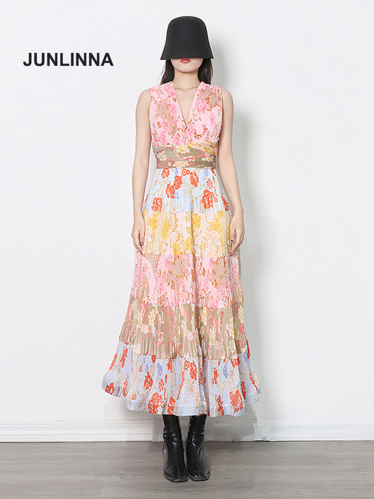 JUNLINNA Summer Women Bohemian Dresses Sexy V Neck Sleeveless Printed Rufflies Party Holiday Long Vestidos Waist-closing