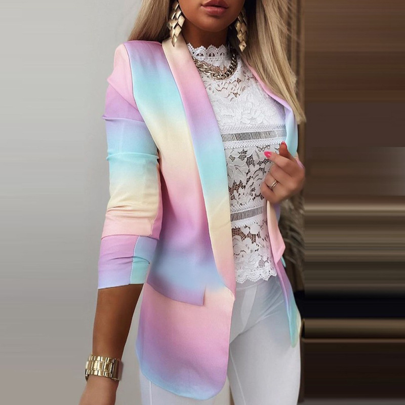 Women Jacket Long-Sleeved Tie-Dye Colorful Oversized Blazers Fall  Workplace  Single Button Casual Suits Office Lady