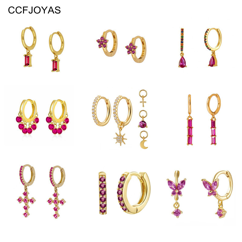 CCFJOYAS High  925 Sterling Silver Rose Red color Zircon Hoop Earrings for Women Minimalist Gold Earrings Jewelry