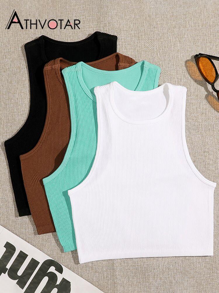 ATHVOTAR 14 Colors Women Crop Top Seamless Casual Streetwear White Bra Rib Sleeveless Top Summer Tank Tight Knit Tee Female Tops
