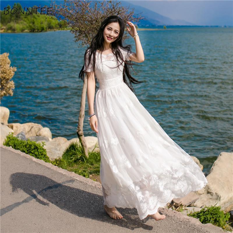 Short Sleeve Dresses Women Lace Beach Elegant Holiday Solid White Simple Loose Casual Sexy Ladies Clothing Summer College