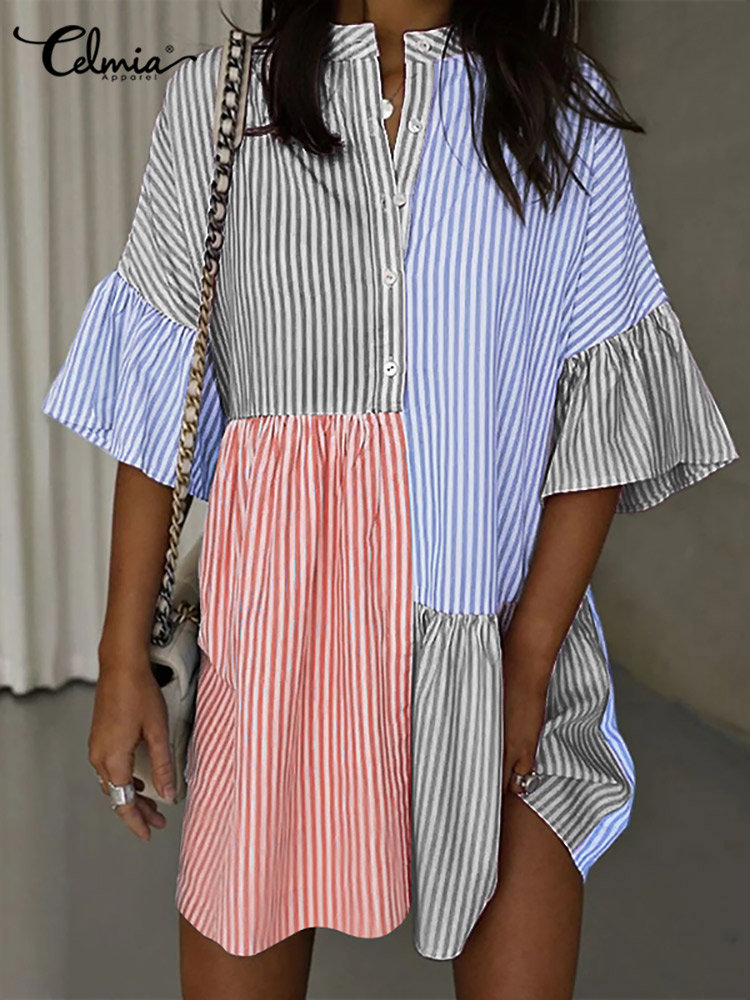 Summer Mini Dress Women  Celmia Elegant Flare Half Sleeve Stripe Patchwork Shirt Dress Casual Loose Buttons Short Sundress