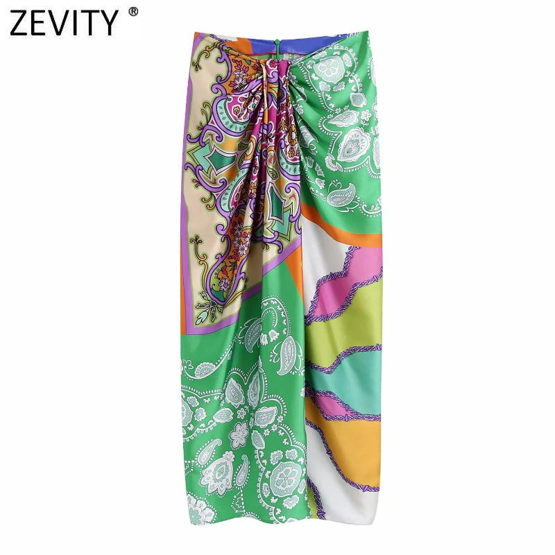 Zevity Women Vintage Cloth Patchwork Floral Print Knotted Sarong Skirt Faldas Mujer Female Back Zipper Chic Slim Vestidos QUN790