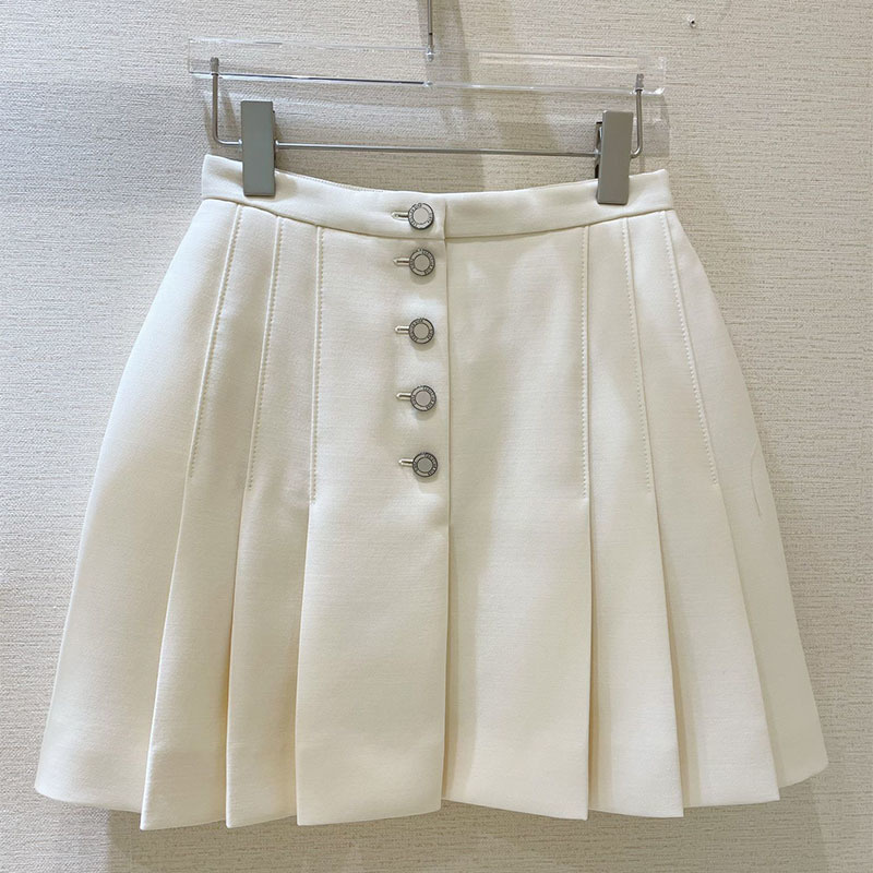 22 Summer Silk Wool Buttons Beige Skirt Women Casual Pleated Blend Black Skirts High Waist Single Breasted Texture Aline Skirts