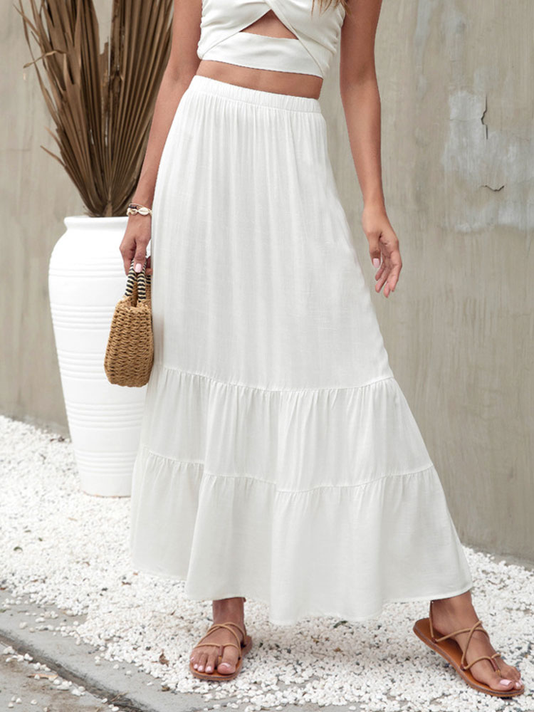 Summer Beach White Pleated Skirt Women Party Long Maxi Skirt Female Ruffle High Waist Loose A-line Skirts For Women 