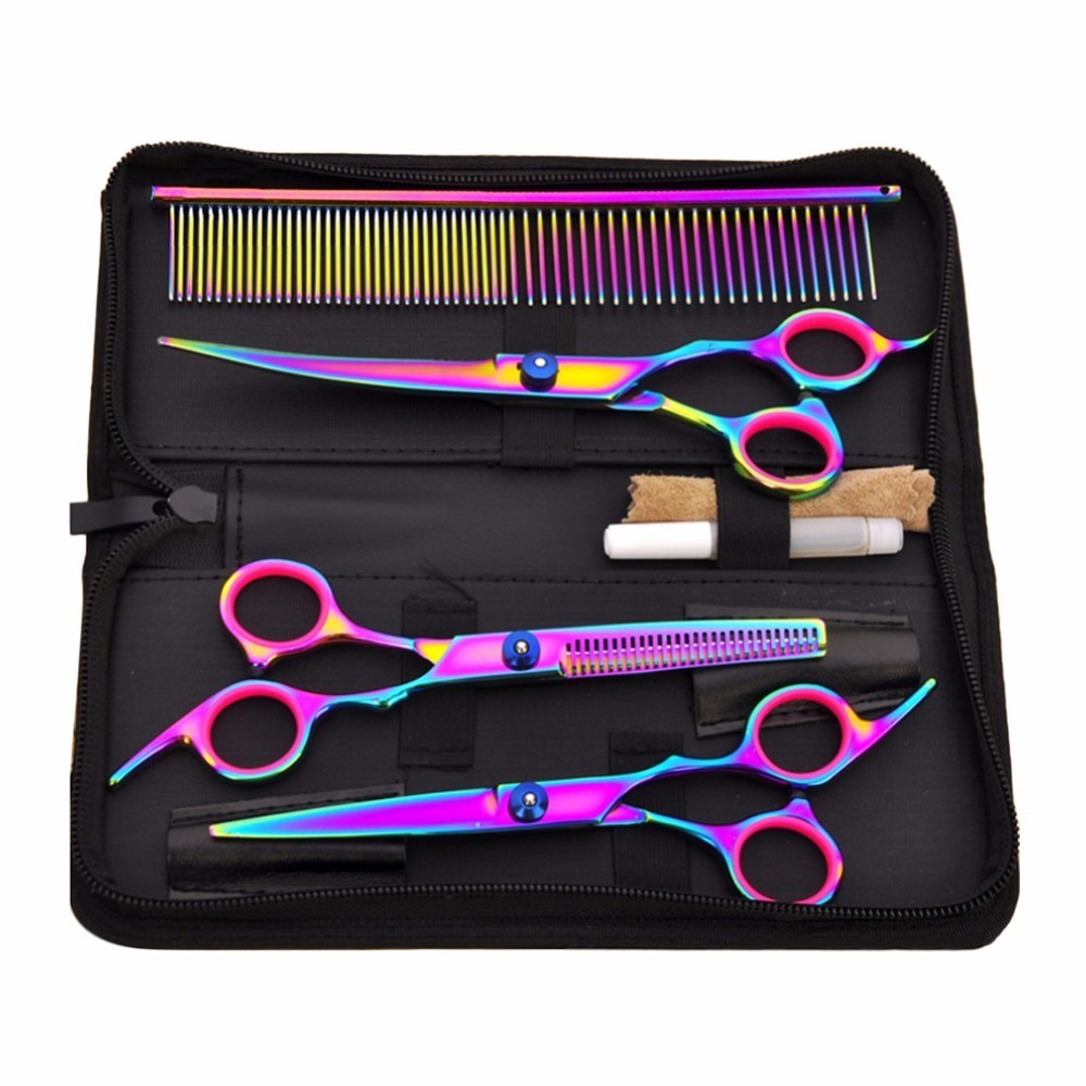 Professional 7 Inch Color Pet Scissors Dog Grooming Comb Grooming Hair Stainless Steel Pet Cat and Dog Haircut Tool 4 Sets
