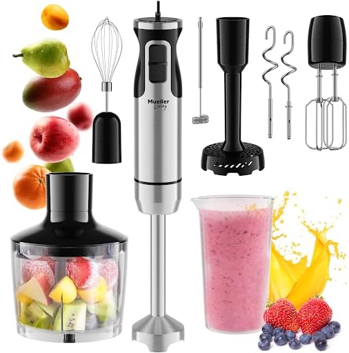 Immersion Hand Blender Full Kitchen Set - 8 Speed Immersion Blender, Hand Mixer with 7 Attachments: Stainless Steel Blade, Whisk, Milk Frother, Beater, Mixing Hooks, Potato Masher, Chopper Bowl