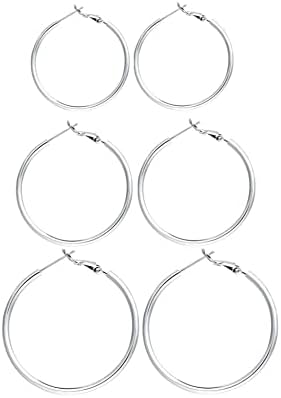 3 Pairs Sterling Silver Hoop Earrings - 14k White Gold Plated Hoop Earrings Big Hoop Earrings Set Silver Hoop Earrings for Women Valentine's Day Gift Jewelry (40MM 50MM 60MM)