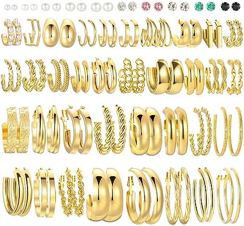 46 Pairs Gold Hoop Earrings Set for Women, Fashion Hypoallergenic Chunky Twisted Pearl Stud Earrings Multipack, Small Big Hoops Earring Packs Trendy for Christmas Birthday Party Jewelry Gift