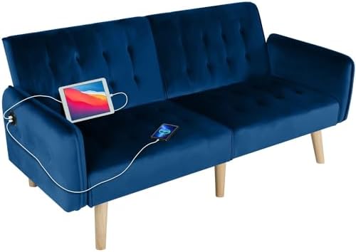 TYBOATLE 65" W Velvet Modern Convertible Folding Futon Couch Sofa Bed w/ 2 USB Charging Ports for Compact Living Space, Small Couches for Office, Dorm, RV Room, Apartment, Bedroom (Navy Blue)