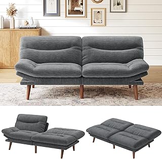 Marsail Adjustable Futon Sofa Bed with Wood Frame, Corduroy Futon with Adjustable Backrest & Armrests, Futon Couch for Small Apartment, Living Room, Office, Grey