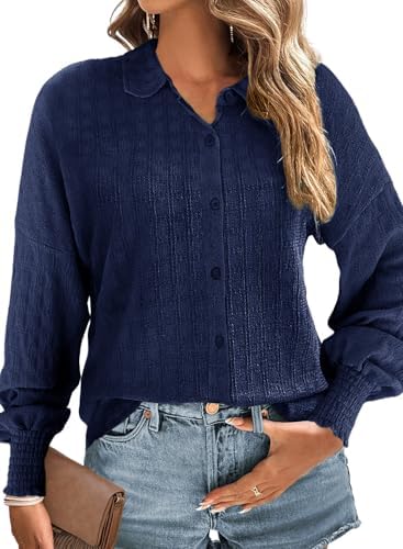 Dokotoo Womens Tops Oversized Textured Button Down Shirts Smocked Long Sleeve V Neck Casual Loose Blouses