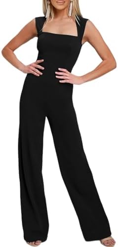 Happy Sailed Womens Square Neck Jumpsuit Summer Sleeveless Wide Leg Pants Rompers Dressy Jumpers Business Casual Outfits