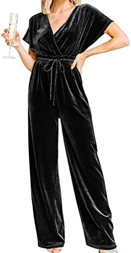 YMDUCH Women's Casual Short Sleeve Belted Long Wide Leg Pant One Piece Jumpsuit