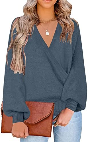 LookbookStore Women's Knit Long Sleeve Faux Wrap Surplice V Neck Sweater Top
