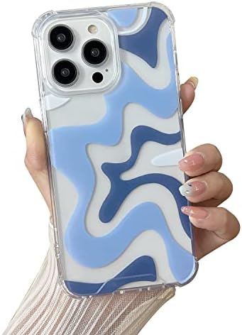 Compatible with iPhone 14 / iPhone 13 Phone Case, Cute Art Wavy Painted for Women Girls, Soft TPU Edge PC Back Protective Shockproof Phone Case-Blue (iPhone 14 / iPhone 13)