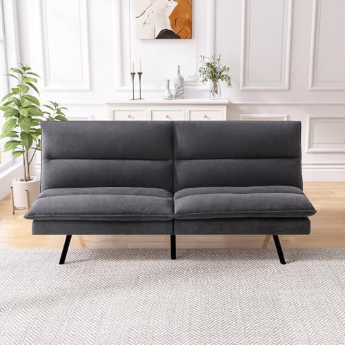Memory Foam Futon Sofa Bed,Linen Fabric Futon Couch,Convertible Armless Futons,Small Splitback Loveseat Sleeper Sofa Bed for Living Room,Office,Apartment,Pure Black