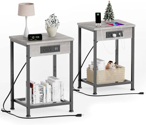 Fixwal End Tables Set of 2 with Charging Station, Nightstands with USB Ports and Power Outlets (Light Walnut Gray)