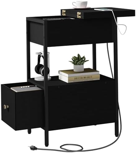 SOOWERY End Table with Charging Station, Narrow Side Table with Flip Top Cabinet and Fabric Drawer, Nightstand Bedside Tables for Small Spaces, Bedroom, Living Room, Black
