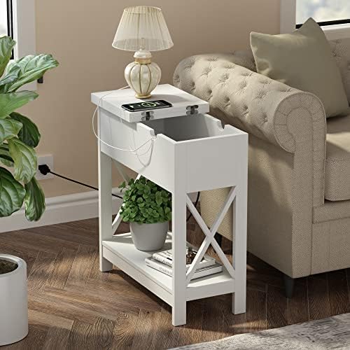 ChooChoo End Table with Charging Station, Narrow Flip Top Side Table with USB Ports & Power Outlets for Small Spaces, Bedside Table with Storage, Nightstand Sofa Table for Living room, Bedroom White